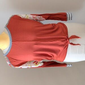 Tan and Orange Long Sleeve Tie Front Blouse